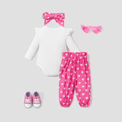 3PCS Baby Girl Sweet  Letter Pattern Flutter Sleeve Top/ Heart Print Bottom/ Headband - 6-9 Months, Hot Pink