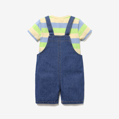 2pcs Baby Boy/Girl 95% Cotton Short-sleeve Striped Tee and Cartoon Giraffe Print Denim Overalls Shorts Set - Orange, 12-18 Months