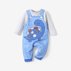 2pcs Baby Boy Dinosaur and Stripe Pattern Set - 12-18 Months, Light Blue