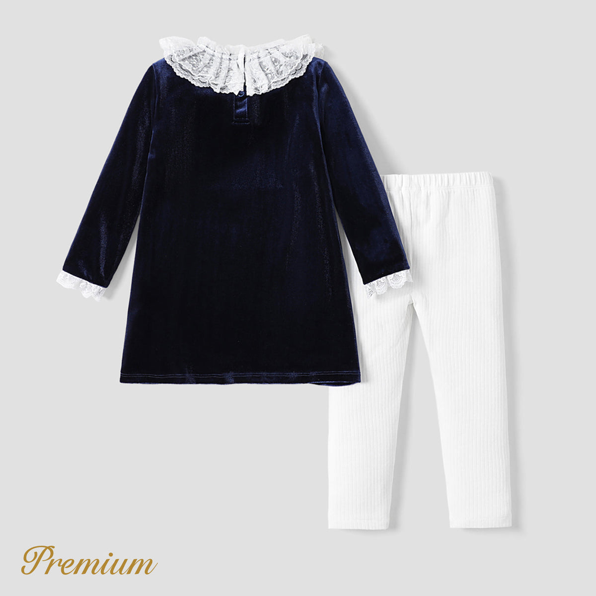 2pcs Kid Girl Elegant Solid Color Cotton  Set with Ruffle Edge - Kids: 3-4 Years, blue+white