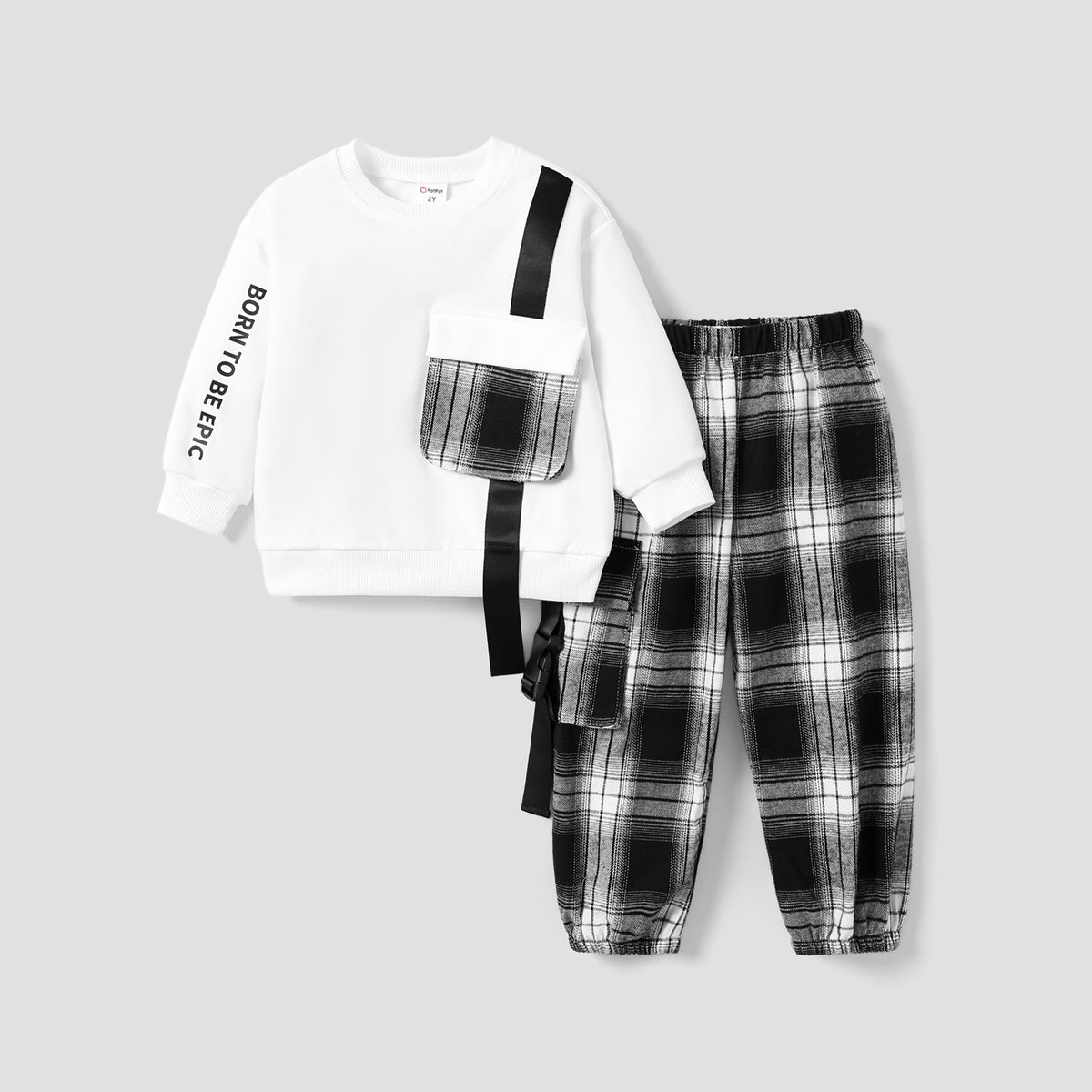 2pcs Toddler Boy Avant-garde Grid Pattern 3D Pockets Set - 4-5 Years, White