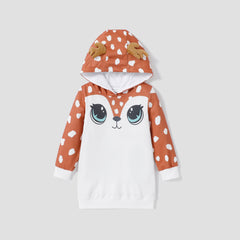 Toddler Girl Deer Pattern Long Sleeve Hooded Dress - Brown, 1-2 Years
