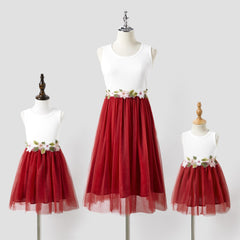 Mommy and Me Ribbed Tank Top Splicing Mesh Dresses - Red, 3-4 Years
