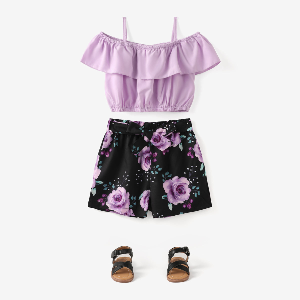2pcs Kid Girl Flounce Camisole and Floral Print Belted Shorts Set - Yellow, 5-6 Years