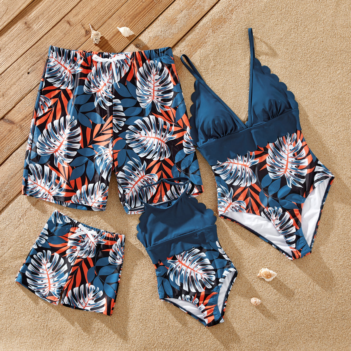 Family Matching Solid Splicing Palm Leaf Print Spaghetti Strap One-Piece Swimsuit and Swim Trunks Shorts - Blue, 1-2 Years