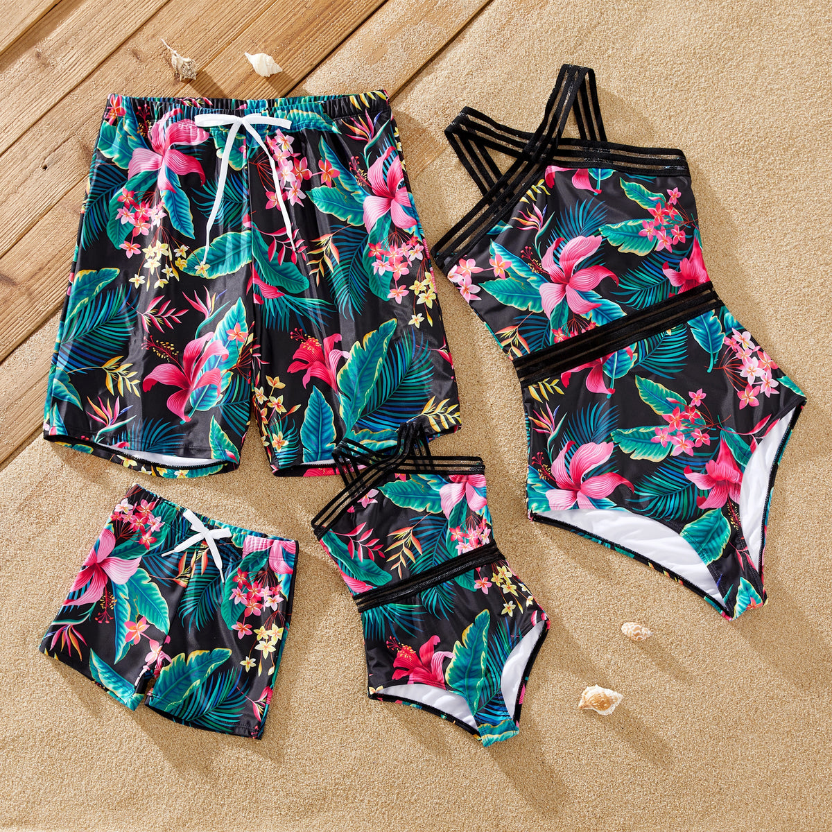 Family Matching Allover Plant Print Crisscross One-Piece Swimsuit and Swim Trunks - Black, L