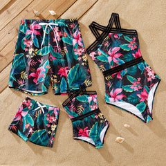 Family Matching Allover Plant Print Crisscross One-Piece Swimsuit and Swim Trunks - Black, L