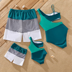 Family Matching Colorblock One Shoulder Cut Out One-piece Swimsuit and Striped Spliced Swim Trunks Shorts - Dark Turquoise, 1-2 Years
