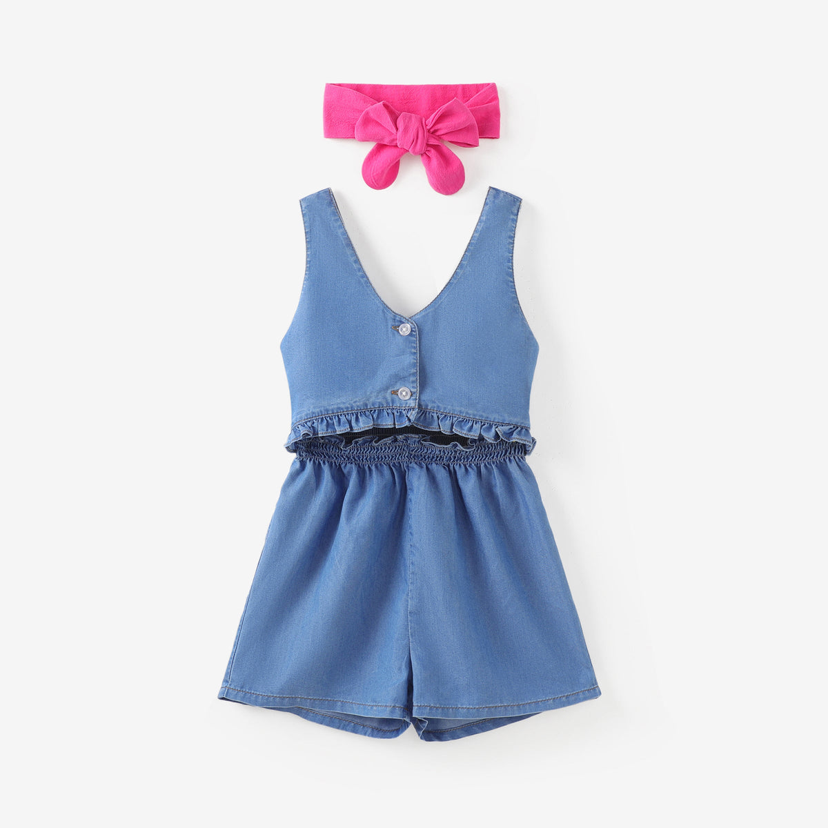 Toddler/Kid Girl Cooling Denim/Floral Print Ruffled Jumpsuit - Yellow, 7-8 Years