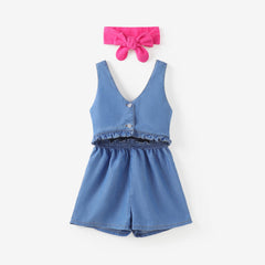 Toddler/Kid Girl Cooling Denim/Floral Print Ruffled Jumpsuit - Yellow, 7-8 Years