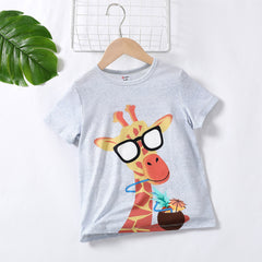 Giraffe Animal Pattern Boy's T-shirt, Childlike Style, 1pc Set, Short Sleeve, Polyester Material - Grey, 5-6 Years