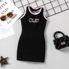 Toddler Girl Halterneck Design Letter Print Dress - Black / 3-4 Years