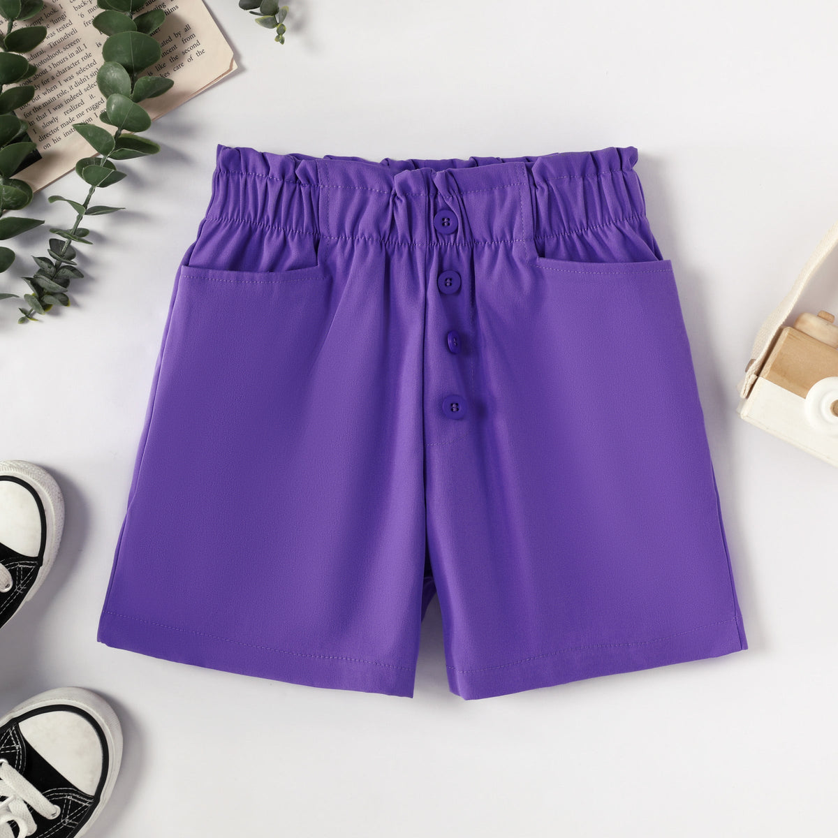 Cute High-Waisted Lace Shorts for Girls, Polyester Fabric, 1pc Set, Casual Style, Solid Color - Purple, 5-6 Years