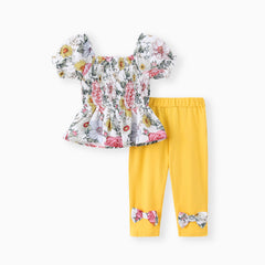 Baby Girl 2pcs Floral Print Ruffled Top an Leggings Set - Bisque, 9-12 Months