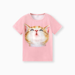 Kid Girl Cute Cat Print Short-sleeve Top - Pink, 6-7 Years