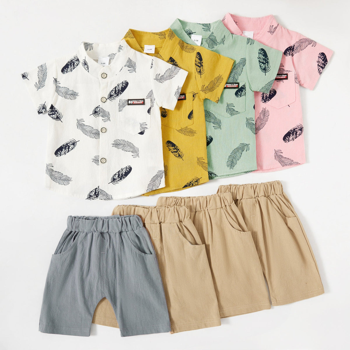 2pcs Baby Boy 95% Cotton Short-sleeve All Over Feather Print Button Up Shirt and Solid Shorts Set - Pink, 2-3 Years
