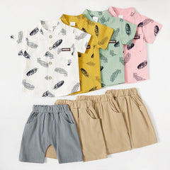 2pcs Baby Boy 95% Cotton Short-sleeve All Over Feather Print Button Up Shirt and Solid Shorts Set - Yellow, 0-3 Months