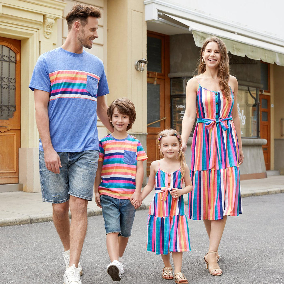 Family Matching Multi-Color Stripe T-shirt and Ruffle Hem Button Strap Dress Sets - Multi, 3-4 Years