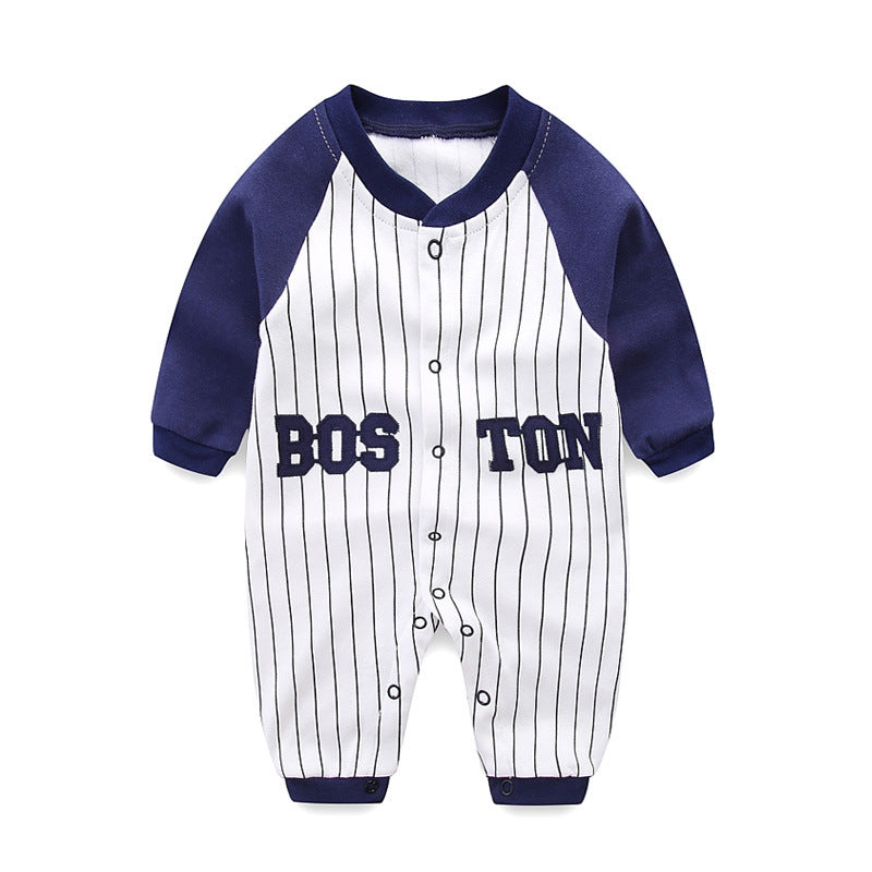 Baby Baseball Suit Spring Summer Autumn Pure Cotton Male Long Sleeved Jumpsuit - White, 6-9 Months