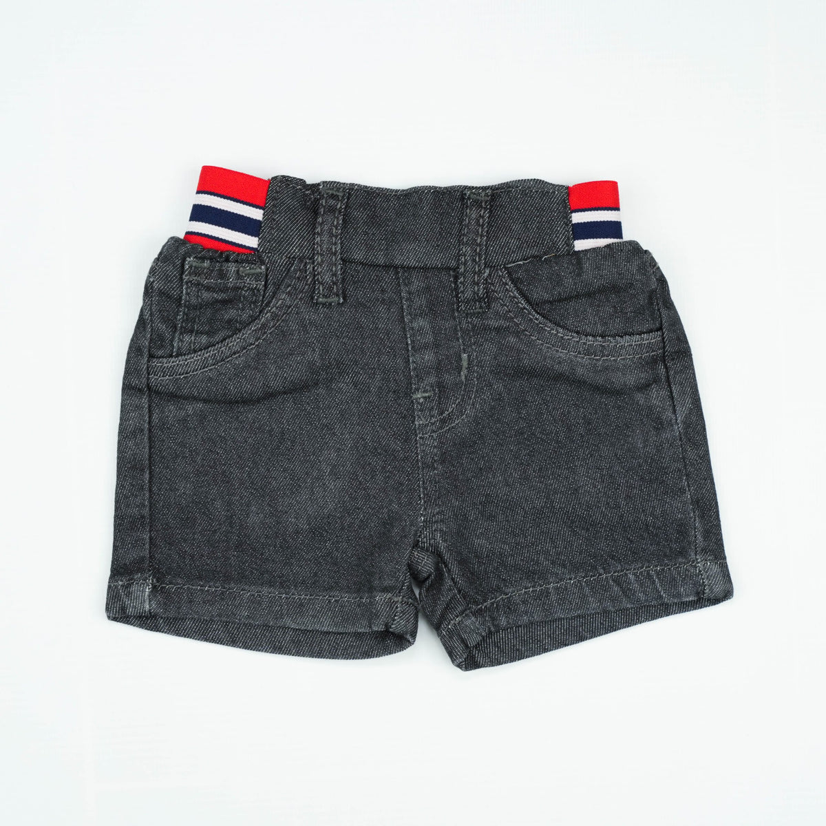 DENIM SHORTS GREY RED ELASTIC INFANT - 0-3 Months