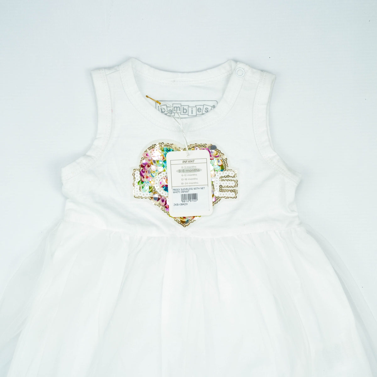 FROCK SLEVELESS WITH NET WHITE INFANT - 0-3 Months
