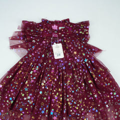FROCK NET BUTTERFLY SLEEVES MAHROON TODDLER - 3-4 Years