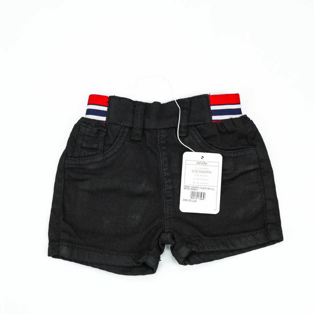 DENIM SHORTS BLACK RED ELASTIC INFANT - 6-12 Months