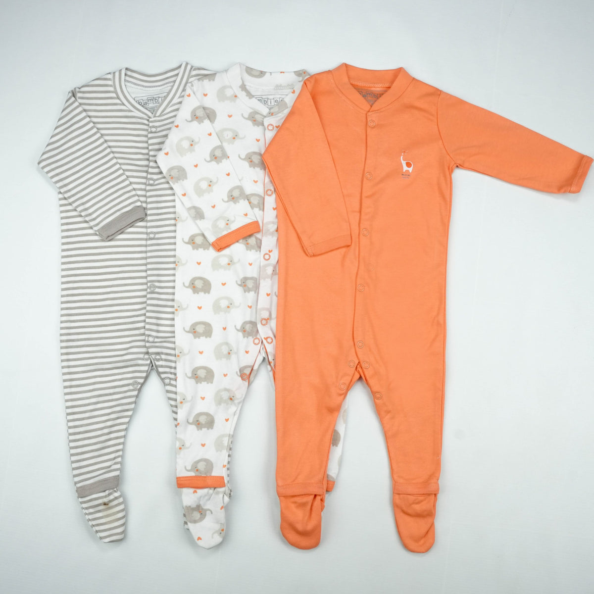 SLEEP SUIT PK3 6-12M PEACH ELEPHANT - New Born