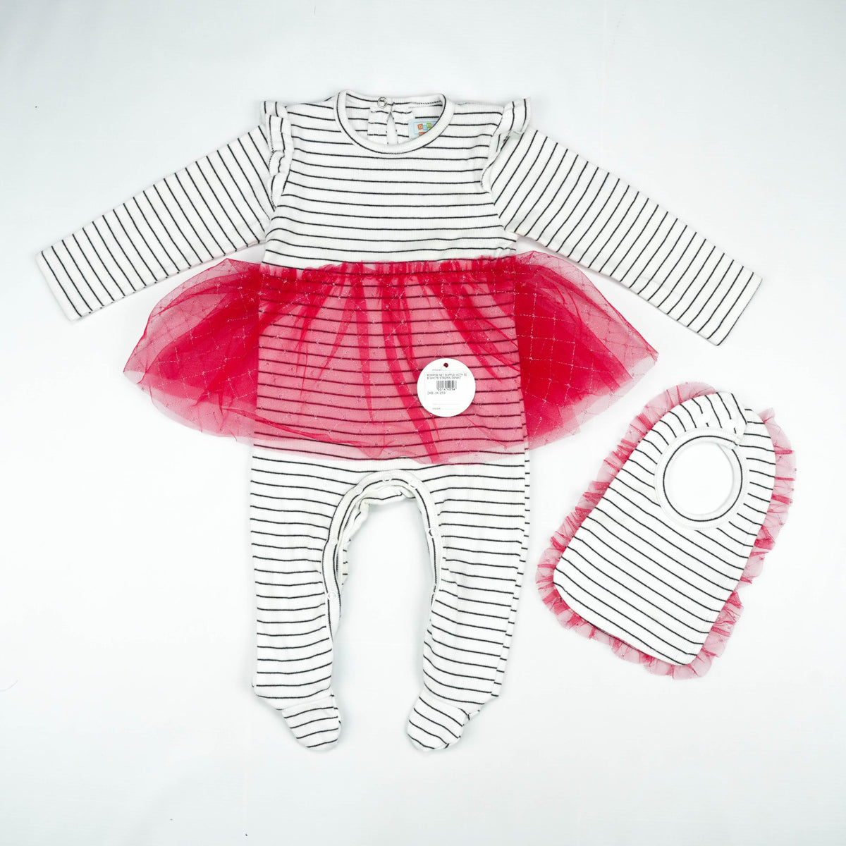 ROMPER NET RUFFLE WITH BIB WHITE STRIPES INFANT - 0-3 Months