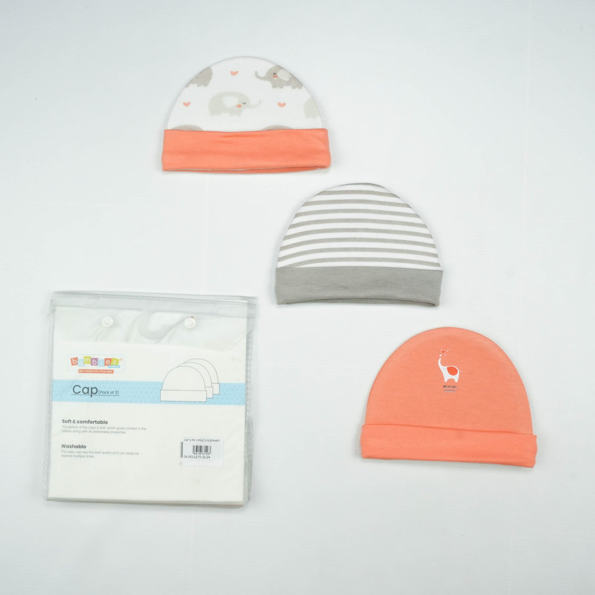 CAP S PK 3 PEACH ELEPHANT - New Born