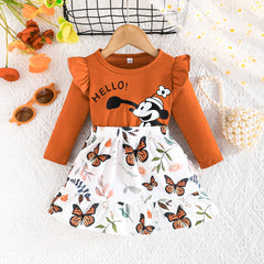 Cartoon Butterfly Girls' Two-Piece Set - Casual Top & Skirt - Brown, 18-24 Months