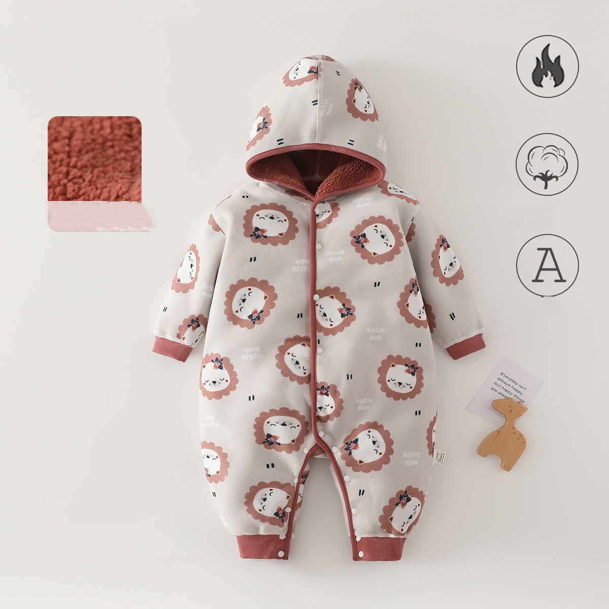 Unisex Cotton Fleece Hooded Onesie Jumpsuit - Coral, 3-6 Months