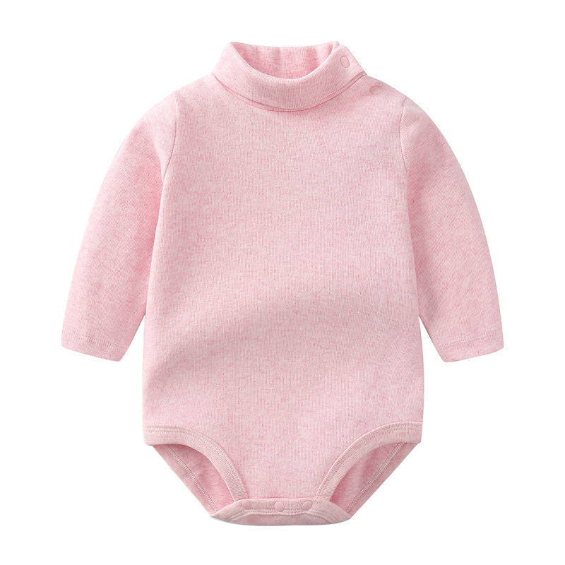 Baby autumn and winter long sleeve high neck warm belly protection with thick bottom triangle fart onesie - Pink, 1-2 Years
