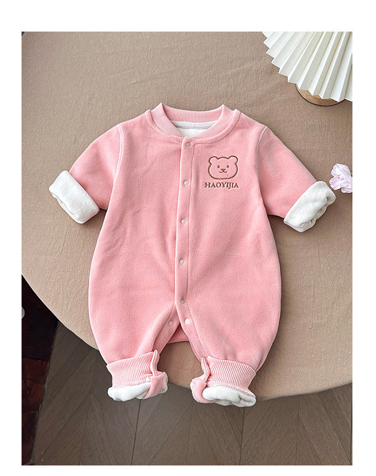 Baby autumn and winter warm one-piece home clothing plus fleece thick climbing suit - Pink, 9-12 Months