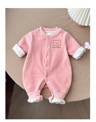 Baby autumn and winter warm one-piece home clothing plus fleece thick climbing suit - Pink, 9-12 Months