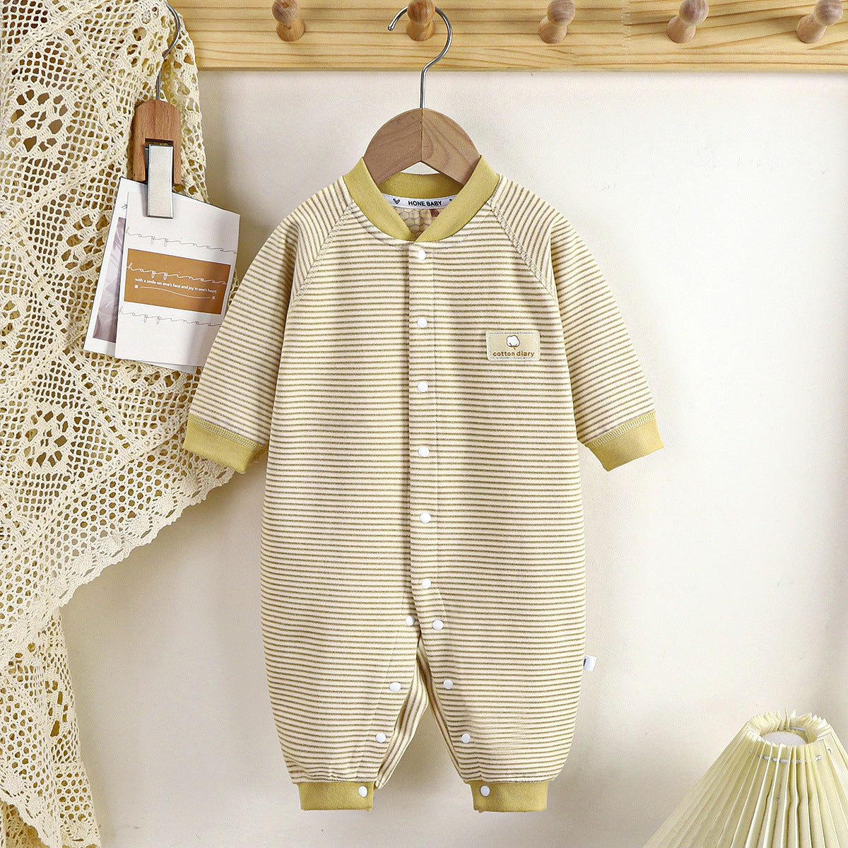 Baby autumn and winter velvet striped warm pajamas long sleeve crawling suit - Brown, 1-2 Years