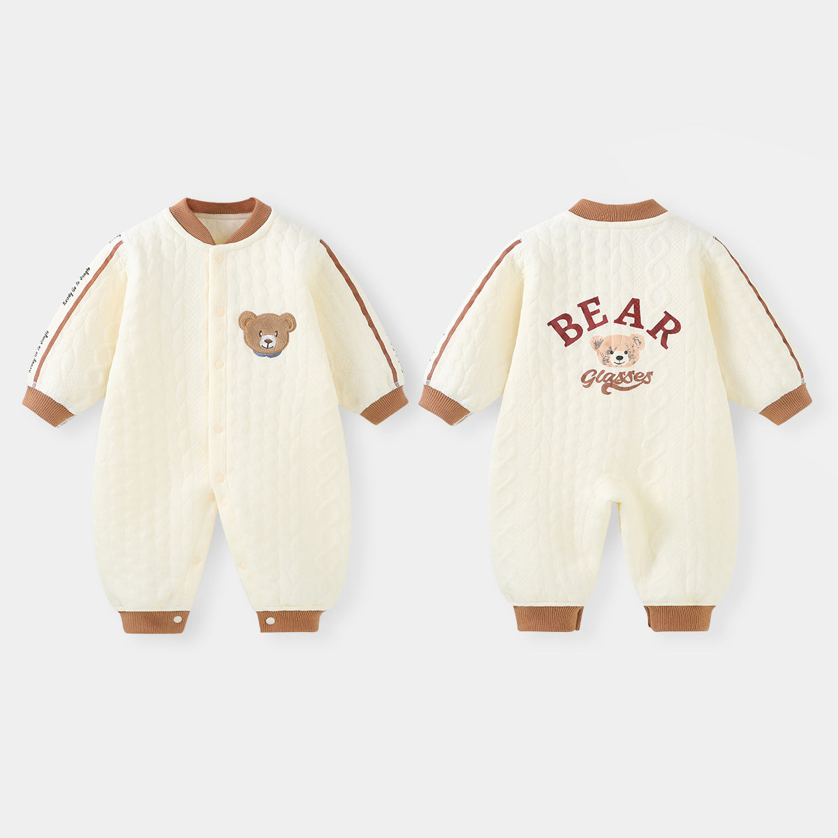 Unisex jumpsuit Spring and Autumn air clamp thin cotton warm baby clothing Bear - Beige, 9-12 Months