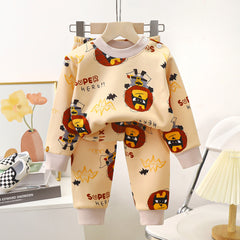 Children's fleece warm Batman printed suit milk silk new suit boys and girls thickened bottoming children's clothing - Beige, 1-2 Years