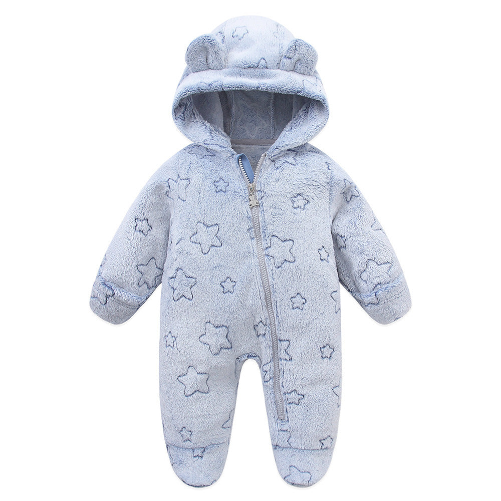 Baby Winter Warm Velvet Rompers - Cozy Long Sleeve Jumpsuit - Blue, 0-3 Months
