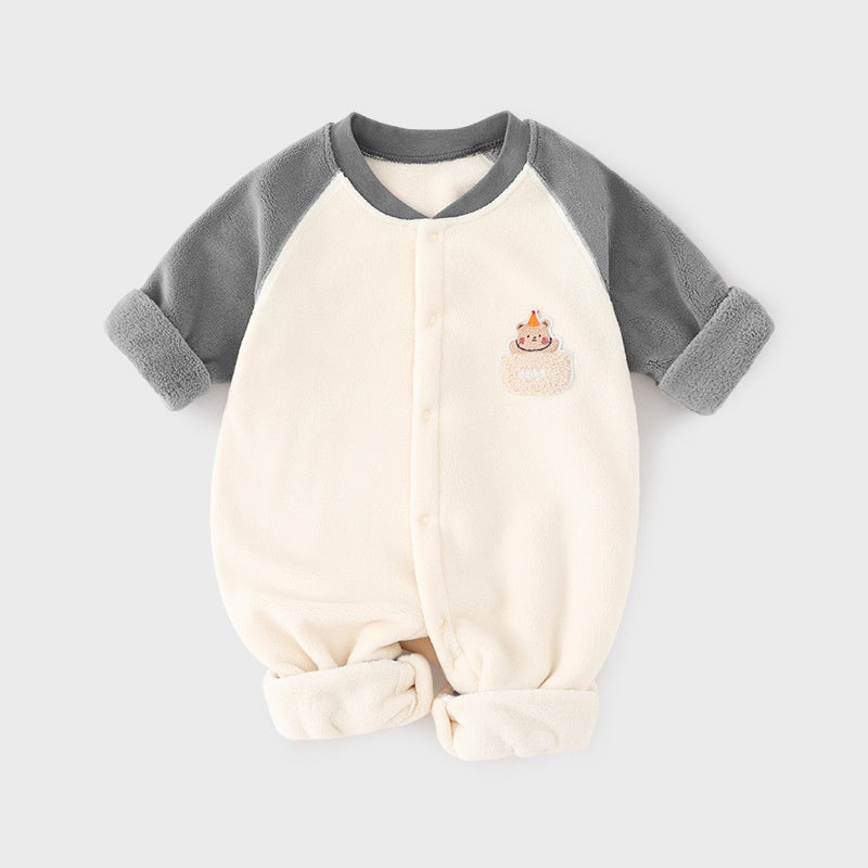 Baby autumn and winter base with fleece warm onesie mens and womens baby pajamas - Brown, 1-2 Years
