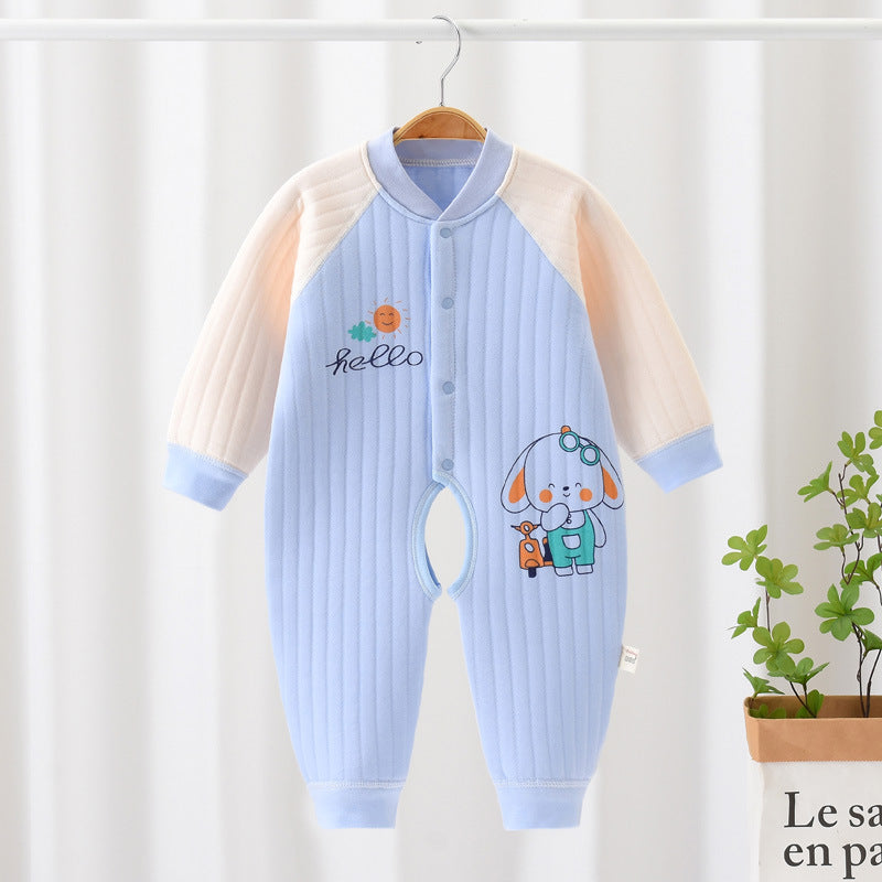 Baby autumn and winter cotton three-layer warm thickened open gear crawling suit - Green, 2-3 Years