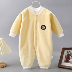 New-born autumn and winter wick face button long sleeve and cashmere warm one-piece thick pajamas - Pink / New Born