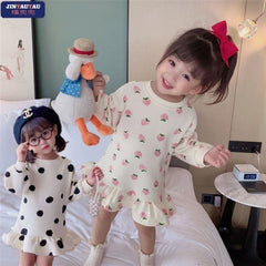 Girls spring and autumn new long-sleeved one-piece polka dot pod skirt - Pink, 3-4 Years