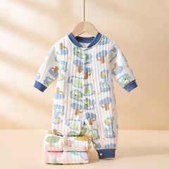 Newborn onesie autumn and winter cotton warm climbing clothes for boys and girls babies out long-sleeved clothes - Yellow, 1-2 Years
