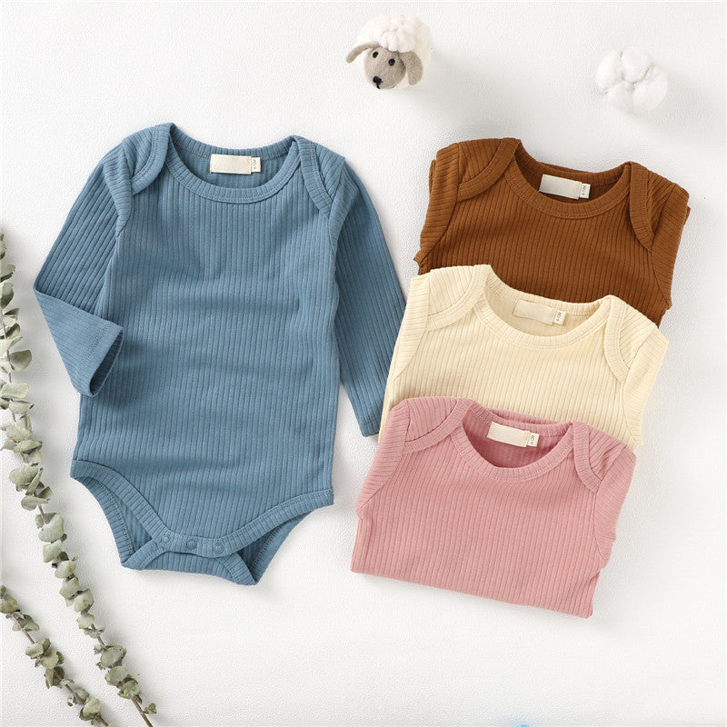 Ribbed Cotton Long Sleeve Baby Romper - Blue, 3-6 Months