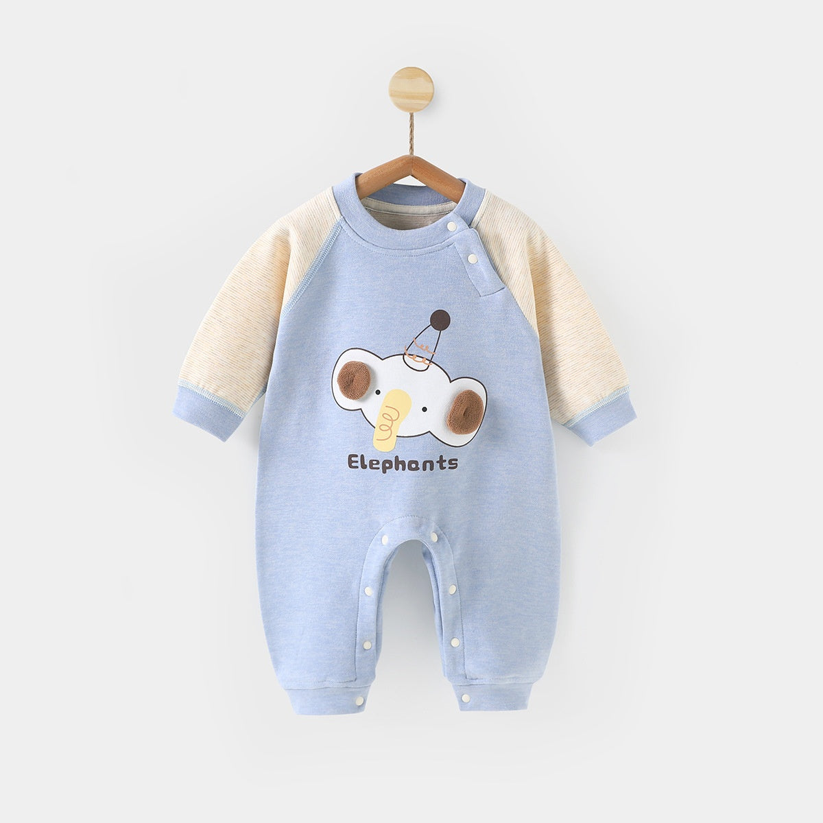 Baby spring and winter velvet and velvet cartoon elephant warm thick onesie - Blue, 9-12 Months