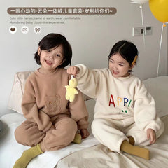 New Baby Boys Thick Plush Nightgown Set Casual Long Sleeve O-Neck Tops & Pants Solid Color Pajamas Winter Home Clothes - Beige, 9-10 Years