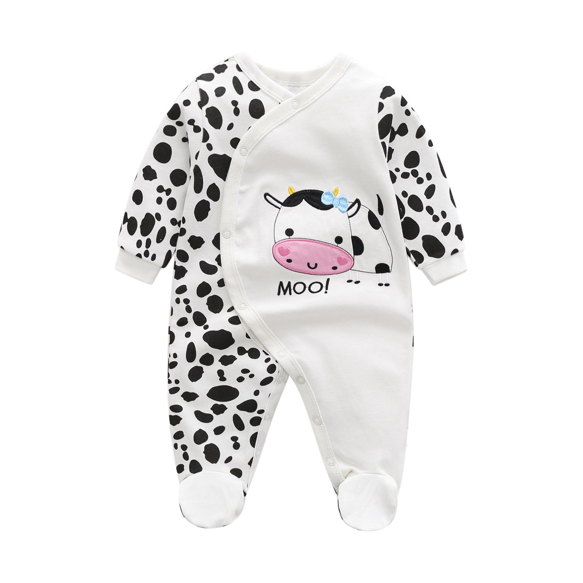 Newborn Jumpsuit Long-Sleeved Slanted Open Button Love Cows Baby Rompers - White, 6-9 Months