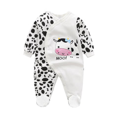 Newborn Jumpsuit Long-Sleeved Slanted Open Button Love Cows Baby Rompers - White, 6-9 Months