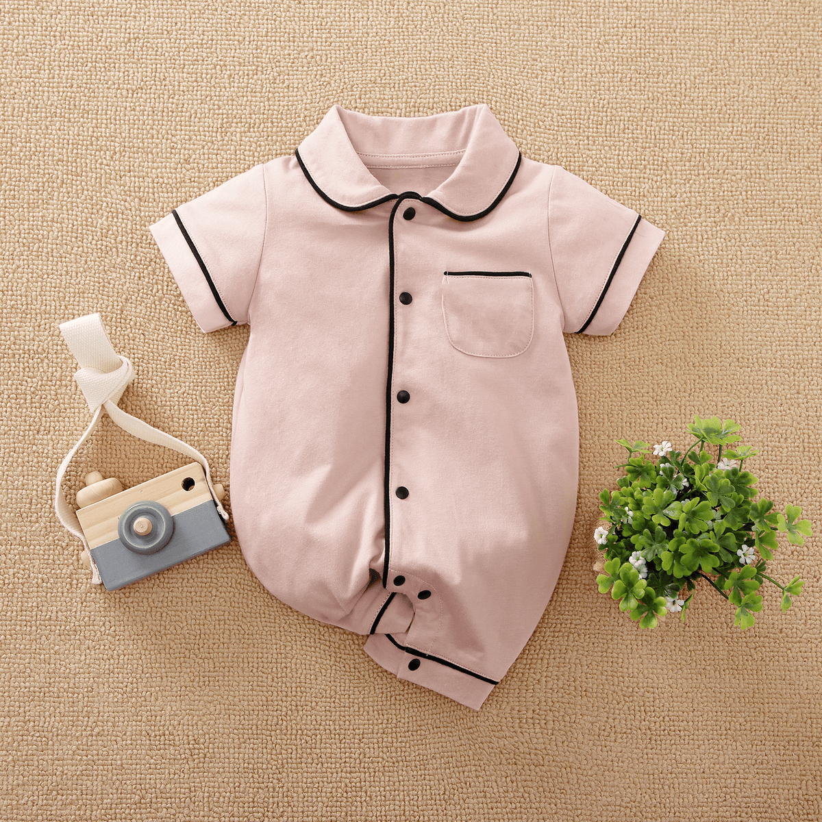 Baby Girl/Boy Solid Cotton Color-block Short Sleeves Lapel Jumpsuit - Pink, 3-6 Months